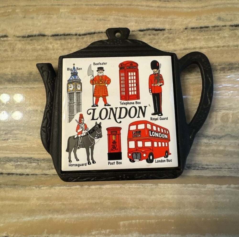 Vintage London Landmarks Souvenir Teapot Shaped Trivet with Cast Iron Holder
